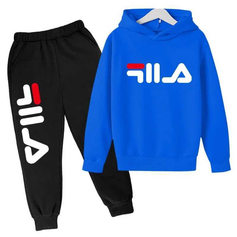 Hoodie Set for Kids, Bold Contrast Logo Print with Adjustable Drawstring, Warm Fleece Lined Pullover and Joggers for Daily & SportsT260225