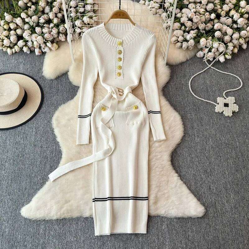 YuooMuoo Chic Fashion Autumn Winter Sleeve Knitted Bodycon Women Elegant Sash Bandage Long Sweater Dress Vestidos XJ260225