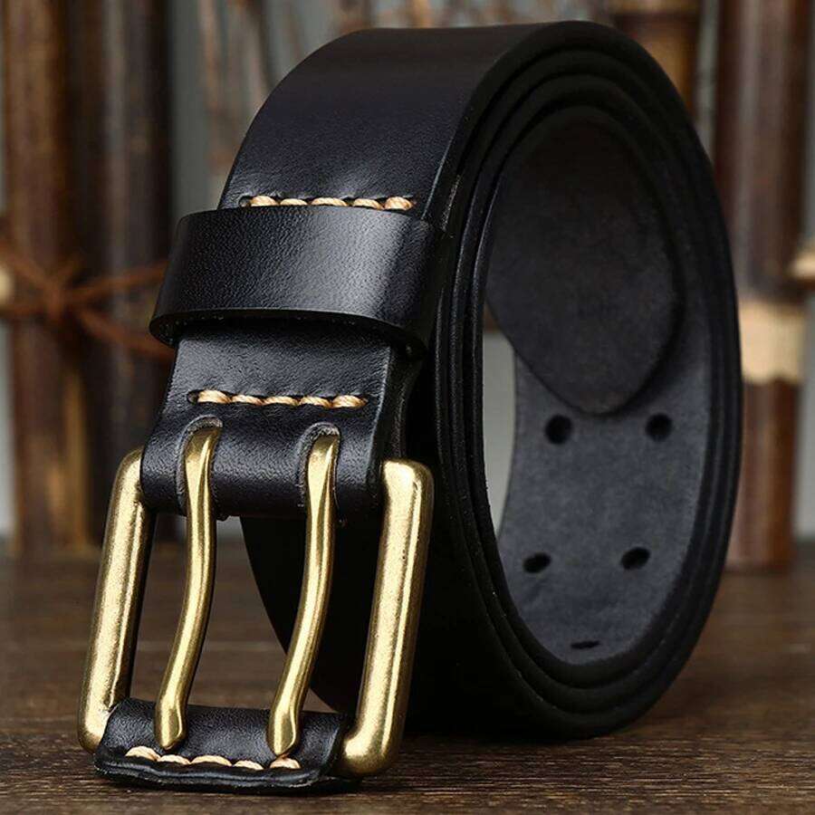 Men's Leather Double Needle Buckle Classic Tow Row Hole Jeans Belt Cowboy Hollowed Out Waistband Width:3.8cm Length:105-125cm Y260225