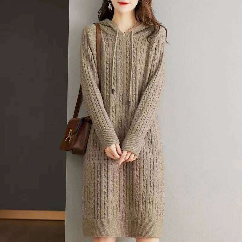 Autumn Winter Women's Thickened Hooded Dress Loose Sweater Long Sleeve Knitted Dresses XJ260225