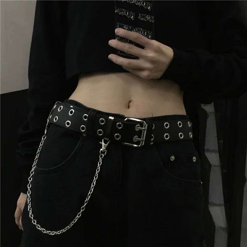 Women Ring Belts Double Hole Eyelet Grommet Leather Buckle Punk Pin Belt Leisure Dress Jeans Gothic Waistband Y260225