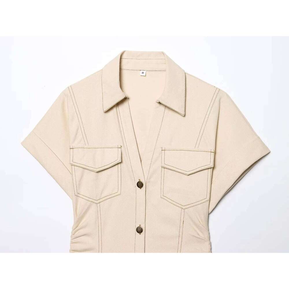 ETJ 2025 summer new women's elegant fashion waist pleated V-neck short-sleeved temperament denim MIDI dress XJ260225