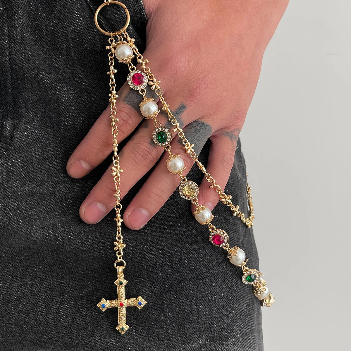Salircon Exquisite Cross Pendant Imitation Pearl Keychain Belt Chain Men Punk Trousers Jean Chain HipHop Jewelry Gift 260206