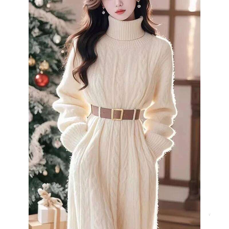 Elegant High-Neck Twisted Knit Sweater Dress 2025 Women Autumn Winter Warm Elastic Luxury Loose Style Fashionable XJ260225