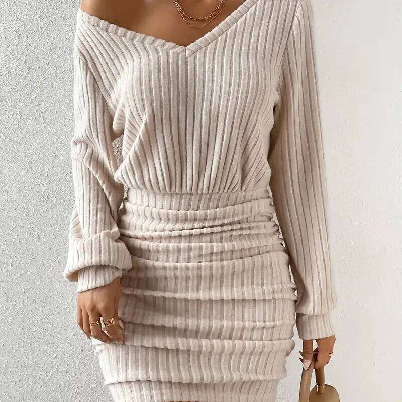 Womens 2025 Fall Winter Ribbed Knit Sweater Casual Long Sleeve Sexy V Neck Bodycon Mini Dress XJ260225