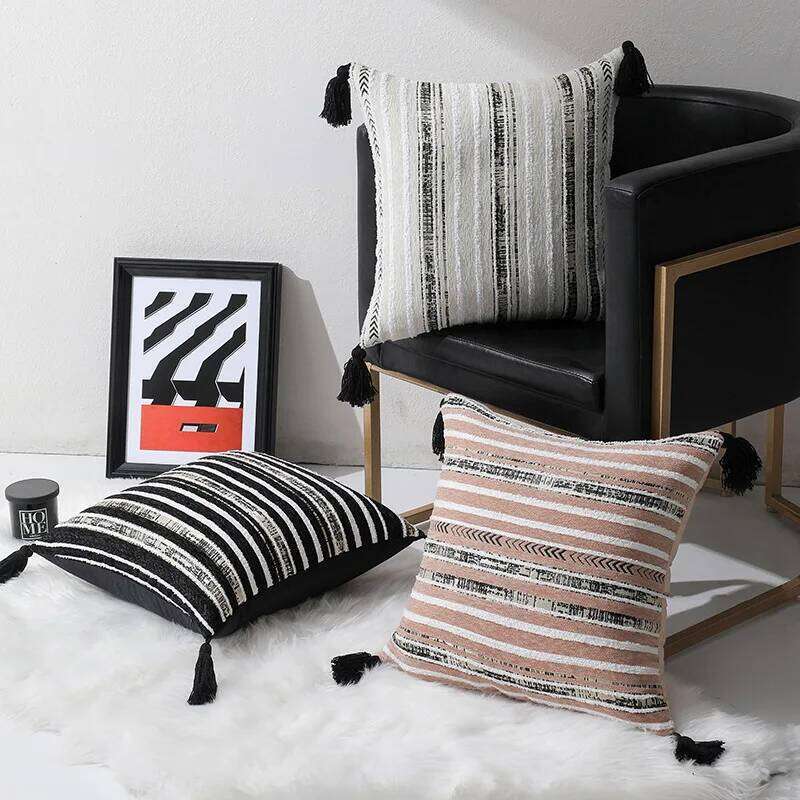 Home Decorative Pillow Textile Cushion Cover Jacquard Striped Geometric Tassel Boho Decorative Throw Pillow Case for Living Room Bedroom Home Sofa Bed