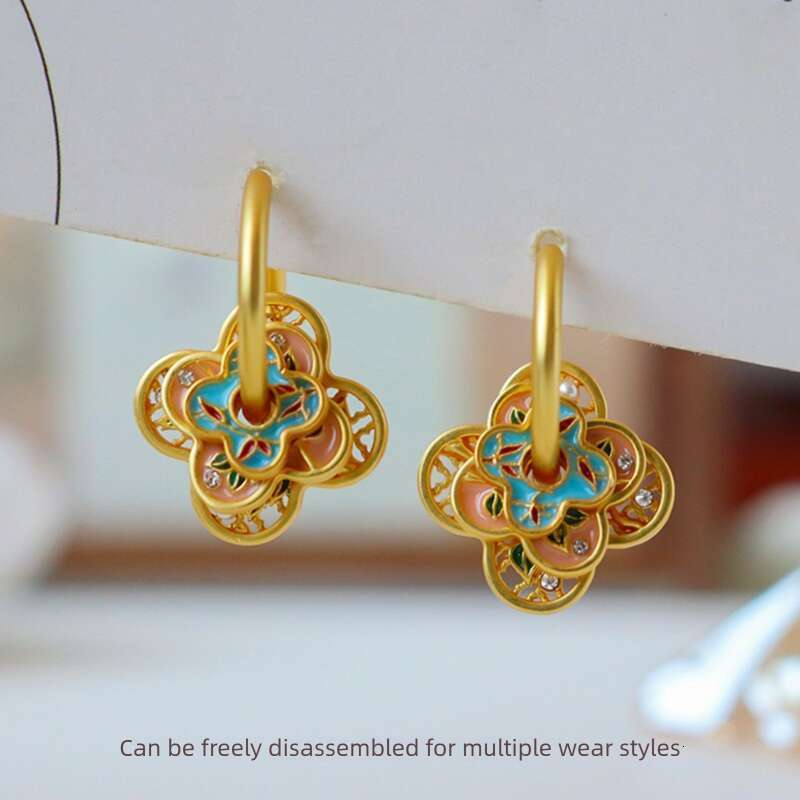 Gold Earrings for Women Exquisite Enamel Four Leaf Clover Huggie Earrings Gold Hollow Floral Zircon Jewelry Free Shipping