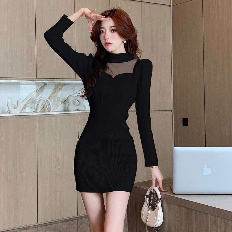 Spring French Fashion Sexy Knitted Party Women's High-neck Sheer Slim Bodycon Sweater Dress Casual High-street Clothing XJ260225