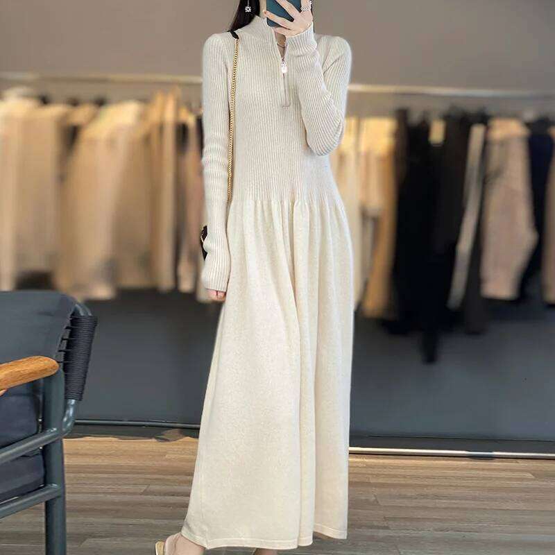 Korean Stand Collar Female Autumn/Winter100%Merino Wool Knitted and Calf Maxi Fashion Waisted High-neck Dress XJ260225