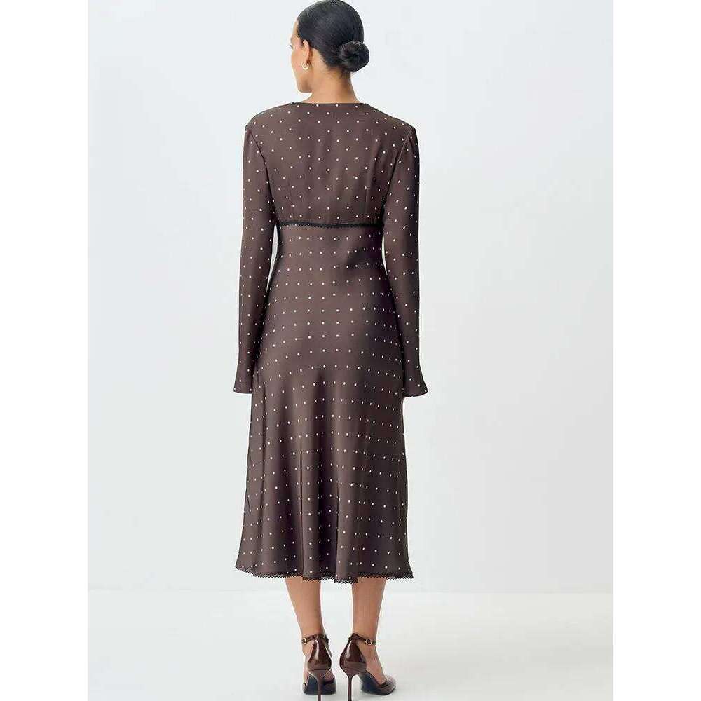 JULISSA MO Sexy V-neck Printed Polka Dot Women Maxi Coffee Long Sleeve Patchwork Lace Dress Autumn Slim Elegant Streetwear XJ260225