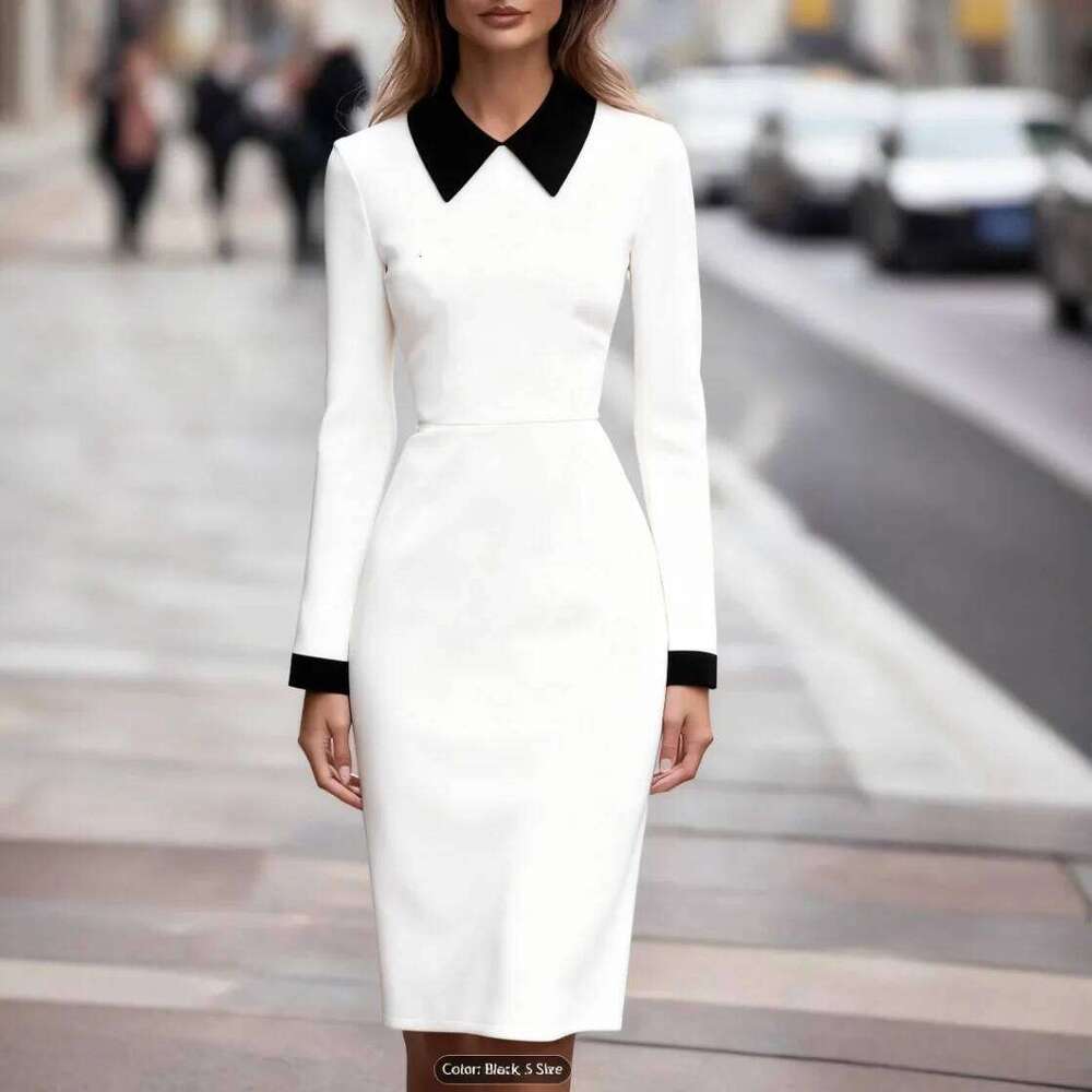 Casual Office Lady Slim Midi Dress Women 2025 Autumn Winter Long Sleeve Patchwork Turn-down Collar Bodycon Dresses Elegant XJ260225