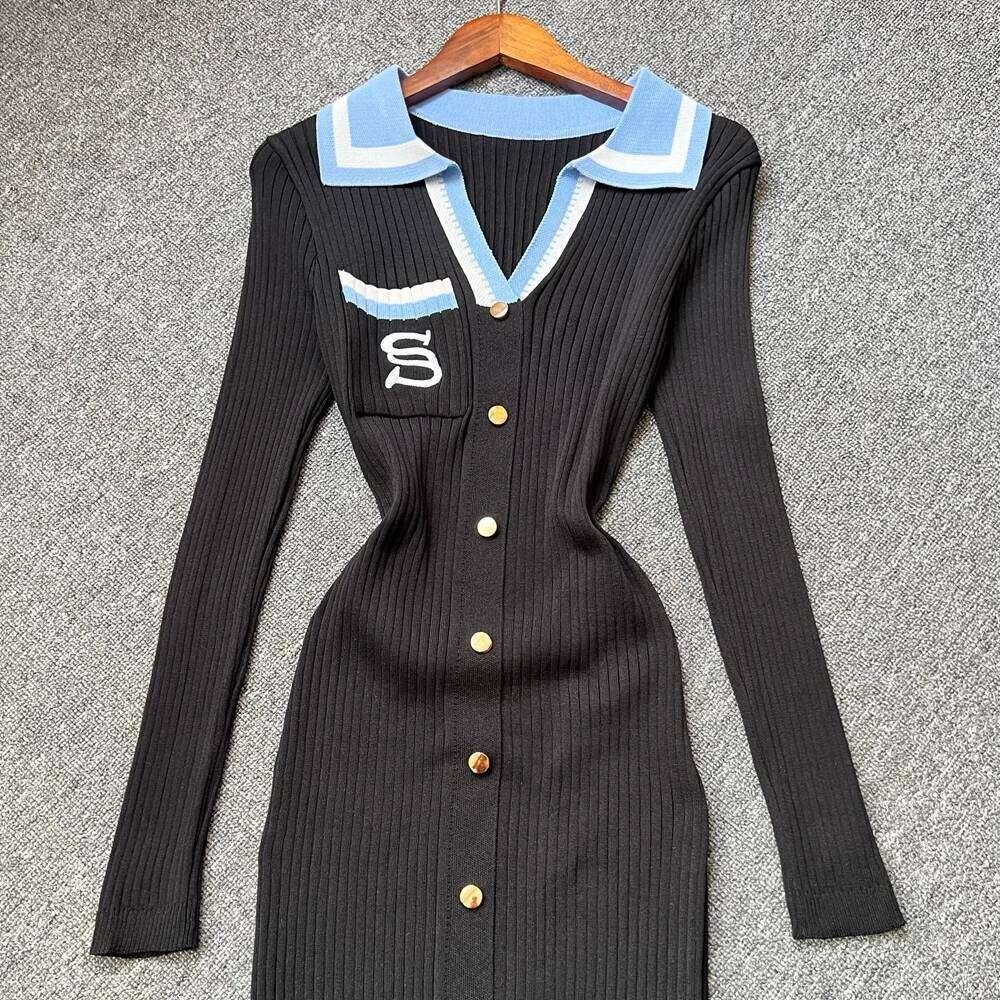 YuooMuoo 2025 Autumn Winter Women Knitted Brand Fashion Aesthetic Turn-down Collar Bodycon Sweater Lady Office Dress XJ260225