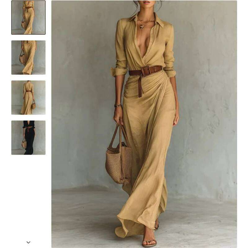 Long Sleeve Lapel Shirt Dress High Waist Belted Single Breasted Maxi Casual Elegant Office Commute Workwear For Women Chic Gift XJ260225