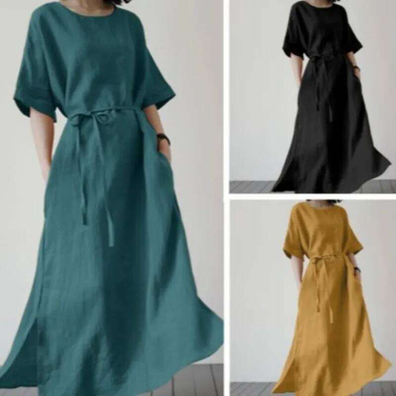 Women's Long Fashion Slit Hem Sundress Elegant Short Sleeve Casual Belt Cotton Linen Dress for Women XJ260225