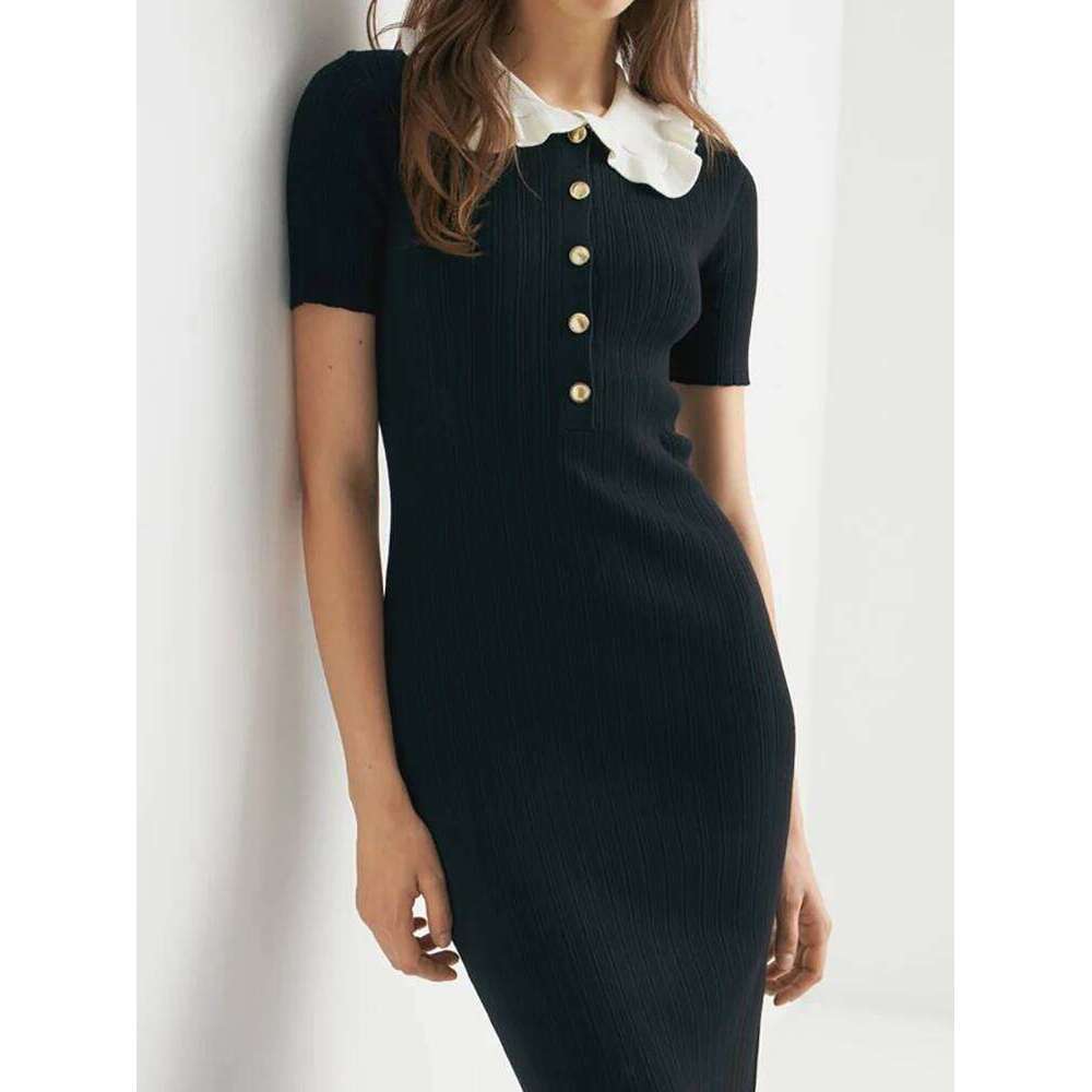Spring Summer New Women's Short Sleeved Elegant Peter Pan Collar High Waist Holiday Dress Fashion Streetwear Long Dresses XJ260225