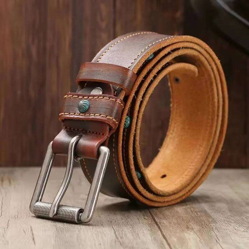 Rivet Retro Men's Top Layer Genuine Leather Pin Buckle Male Hand-sewn Cowskin Luxury Quality Designer Belt Men Y260225