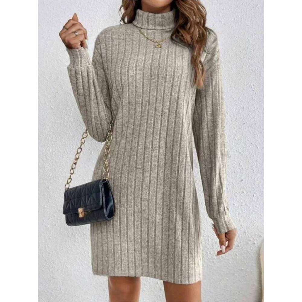 Autumn Winter Woemn Casual Trutleneck Long Sleeve Solid Knitted Dress 2024 New Fashion Loose Comfortable Dresses Female XJ260225