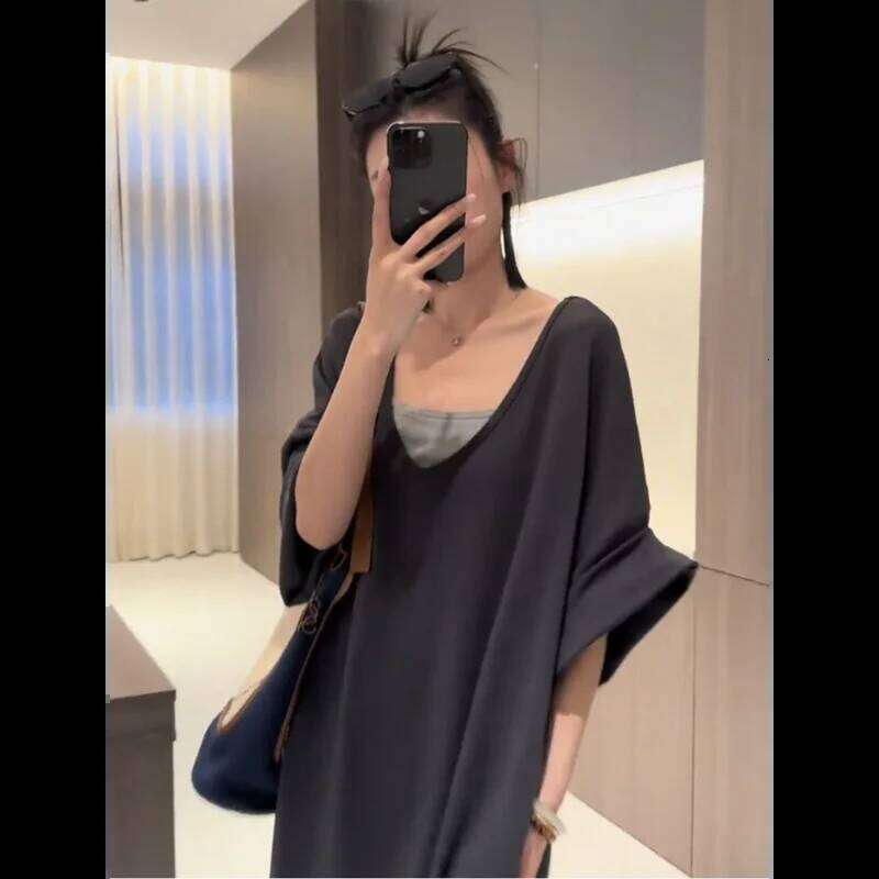 Lazy Style V-neck Patchwork Over-the-knee Loose Slimming T-shirt Dress XJ260225