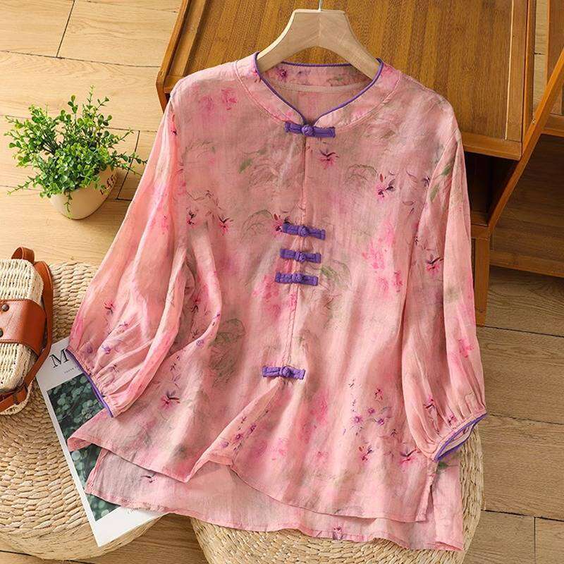 Designer Clothing Ramie Women's Top, Summer New Chinese-Style Improved Shirt, Vintage Stand-Up Collar, Buttoned Pullover, Three-Quarter Sleeve Bl
