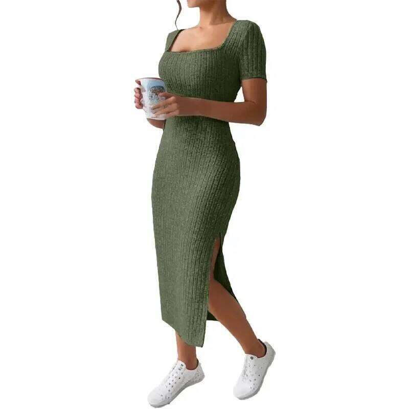 Women's hot selling French square neck threaded knitted short sleeved dress in Europe and America XJ260225