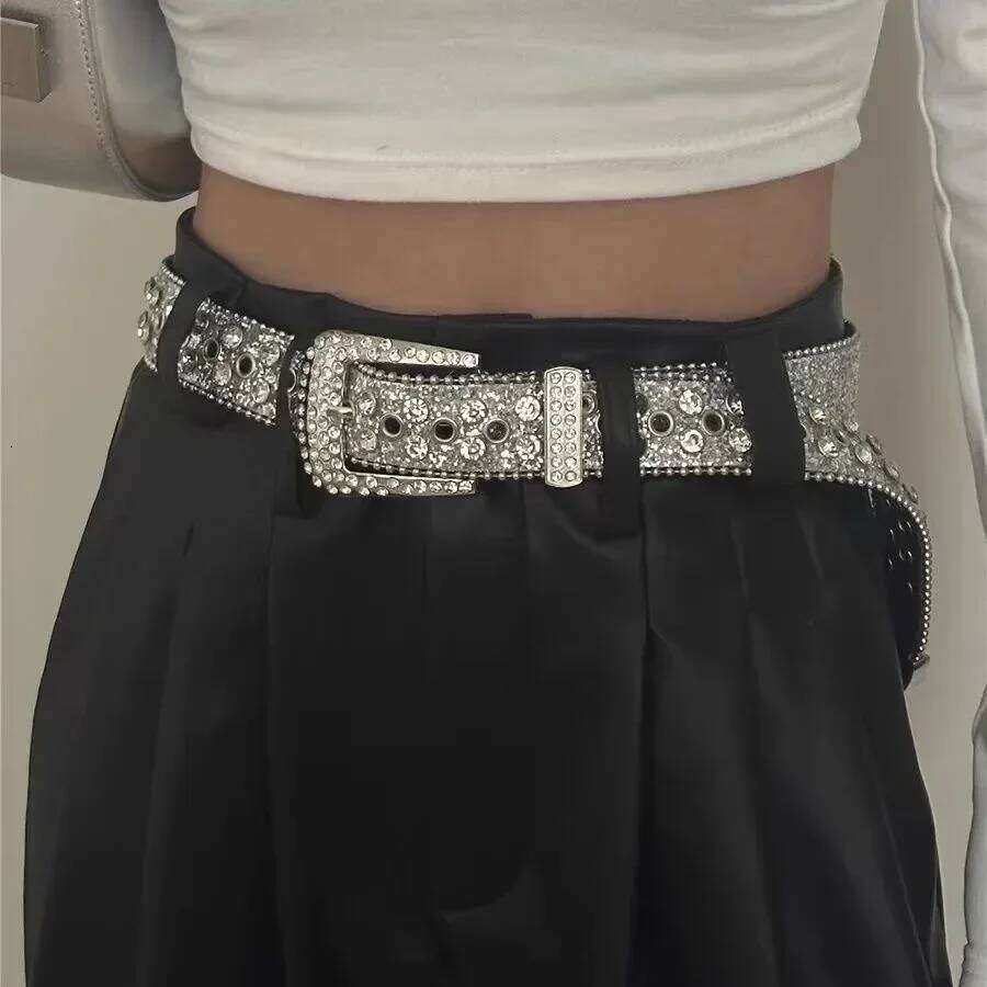 Y2K Women Fashion Solid Print Studded Full Rhinestone Belt PU Leather Bling Crystal Adjustable Glitter Waistband for Club Party Y260225
