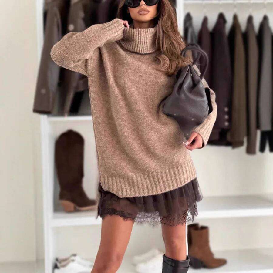 New Women's Dress 2-piece Knitted Sweater Turtleneck Lace Loose Fashionable Drop Shoulder Long Sleeve Female's Mini Skirt XJ260225