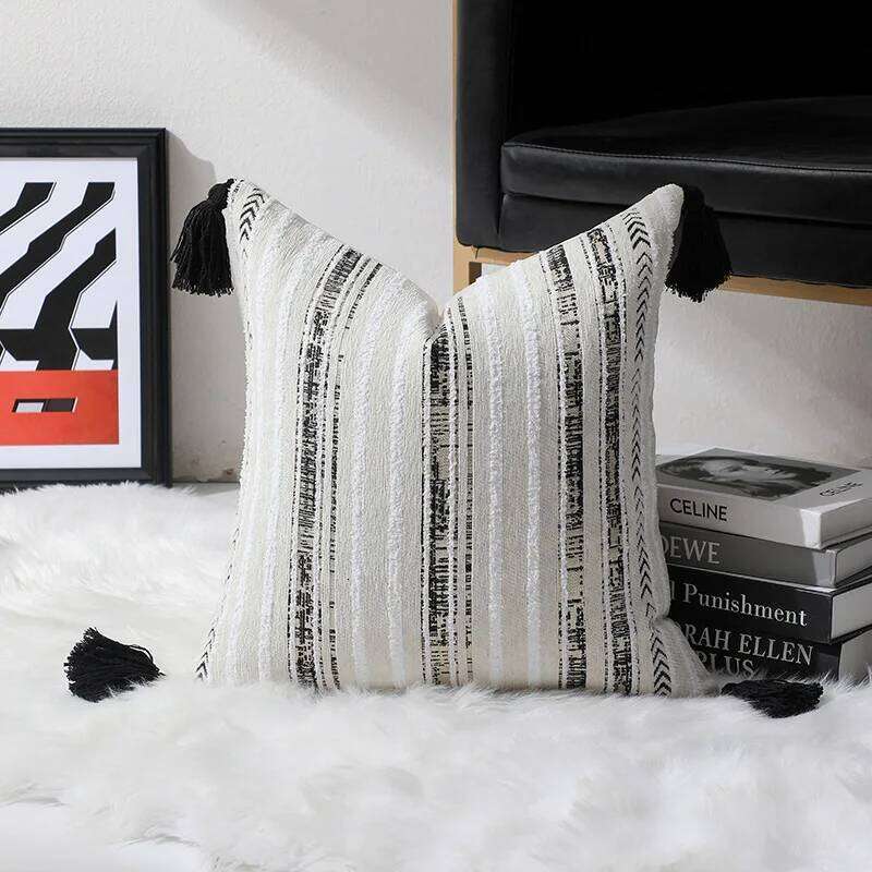Home Decorative Pillow Textile Cushion Cover Jacquard Striped Geometric Tassel Boho Decorative Throw Pillow Case for Living Room Bedroom Home Sofa Bed