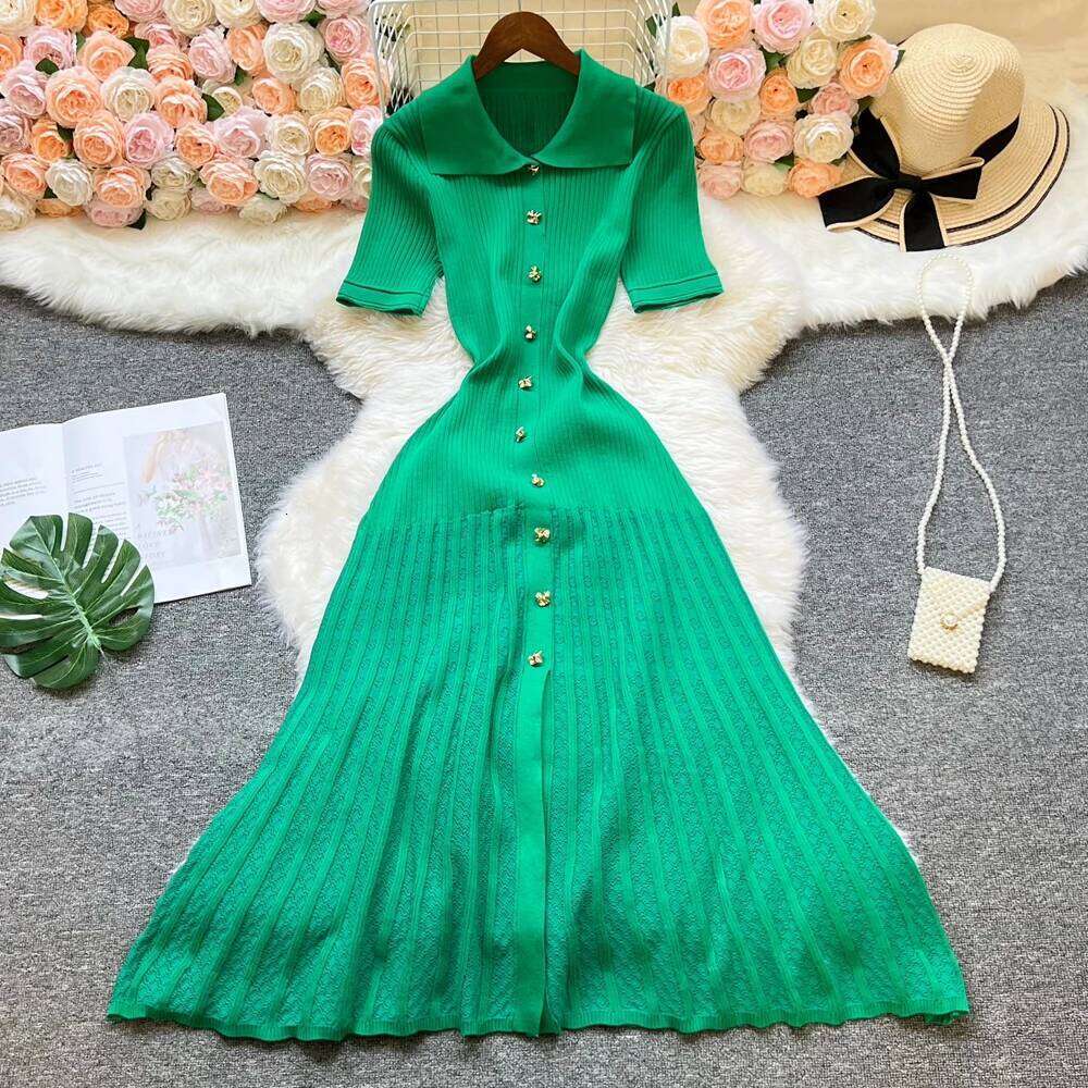 YuooMuoo Brand Fashion Vintage Turn-down Collar Knit Maxi Elegant Single-breasted A-line Long Shirt Dress Lady Vestidos XJ260225