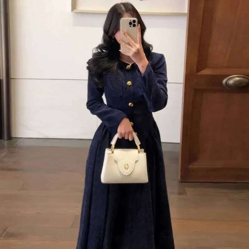 High-end Round Neck Dress for Women Autumn Temperament Waisted Casual Solid Color Buttons Pleated Inner Long Skirt XJ260225
