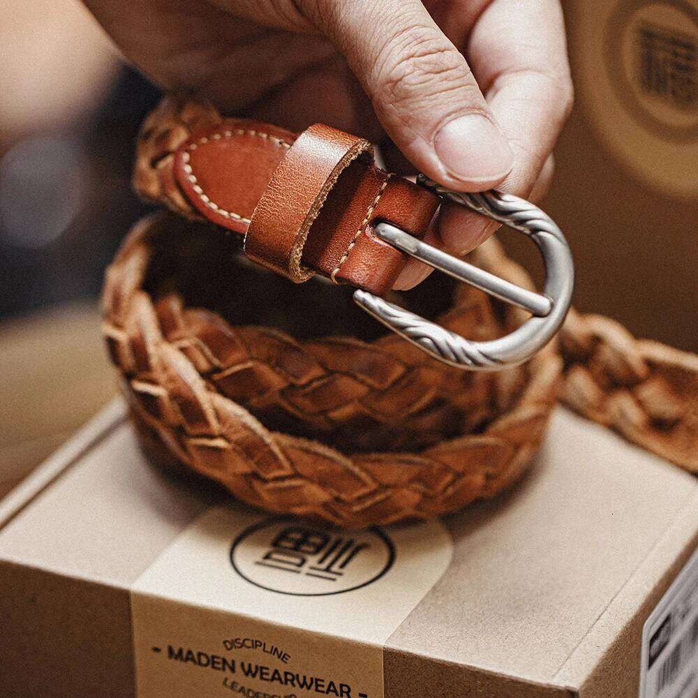Maden Vintage Woven Vegetable Tanned Leather Accessories with Two-layer Cowhide for Men's Versatile Brown Belt Y260225