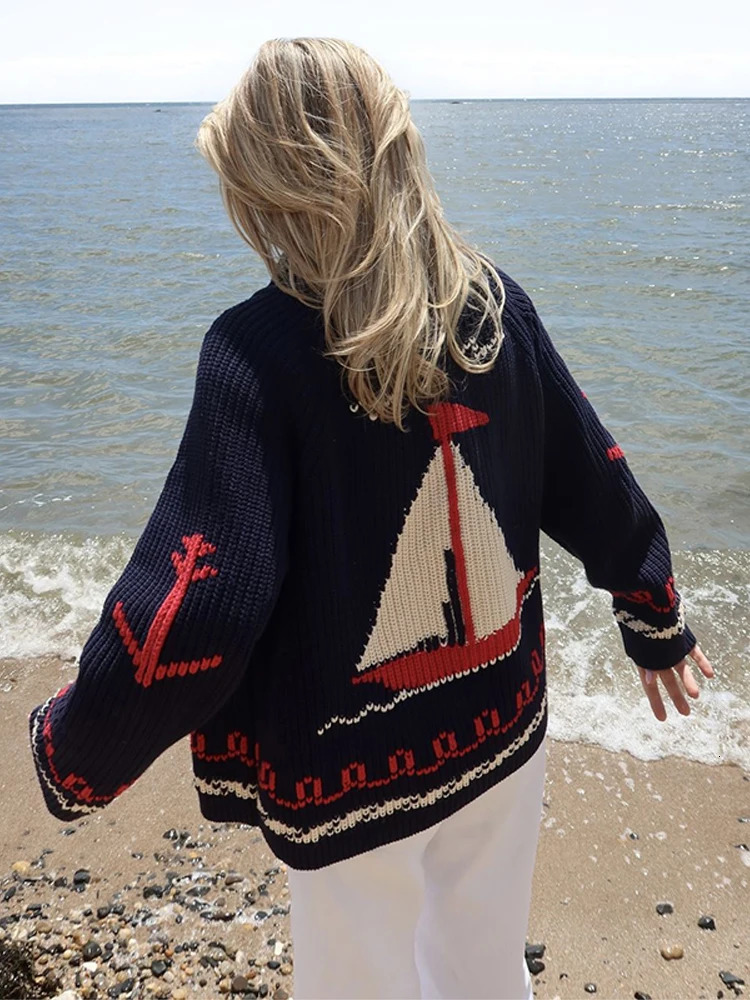Fashion Knitted Sailboat Jacquard Sweater For Women Spring Turn Down Collar Cardigan Female Street Chic Tops 260126