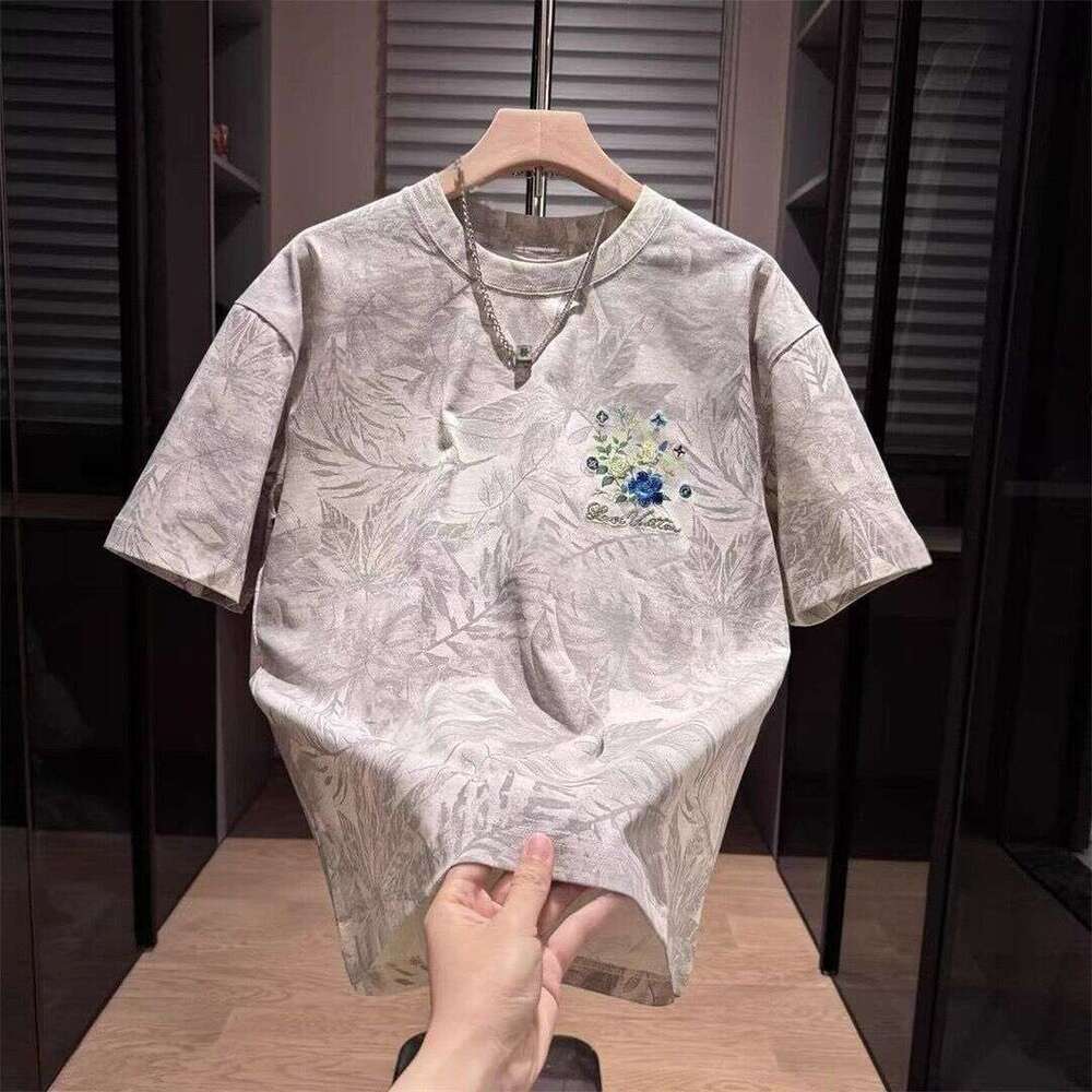 Summer Old Money Style Plant And Floral Foam Print Top, Casual Fashion Trendy Brand Men's Short-Sleeve High-End T-Shirt