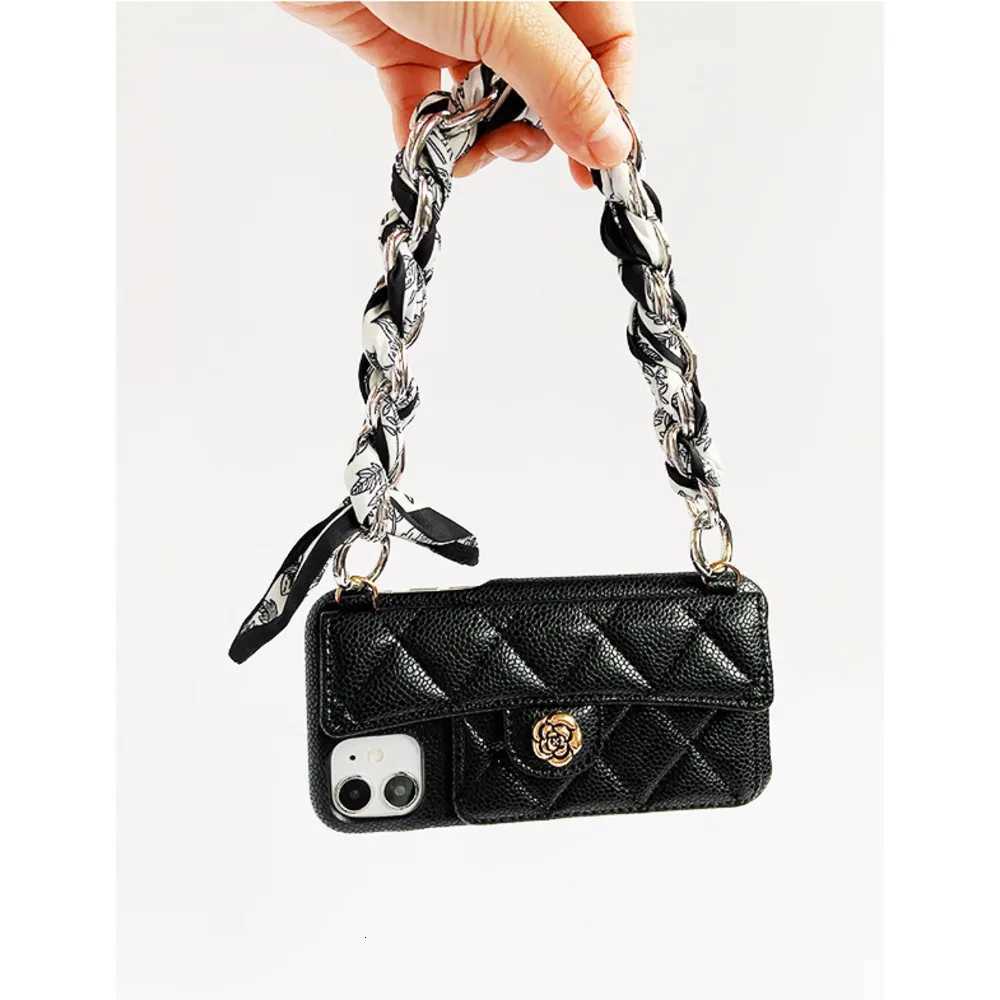 Luxury Quilted Camellia Leather Phone Case | Card Holder with Scarf Chain Strap for iPhone 1417 SeriesT260225