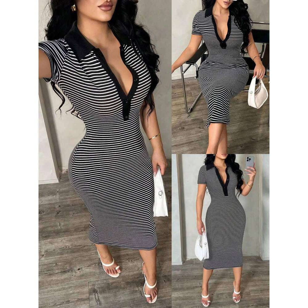 Women's Casual Minimalist Fashion Commuter Style Short Sleeve Black & White Striped Polo Dress, Knit High Stretch Fitted Mid-Len XJ260225