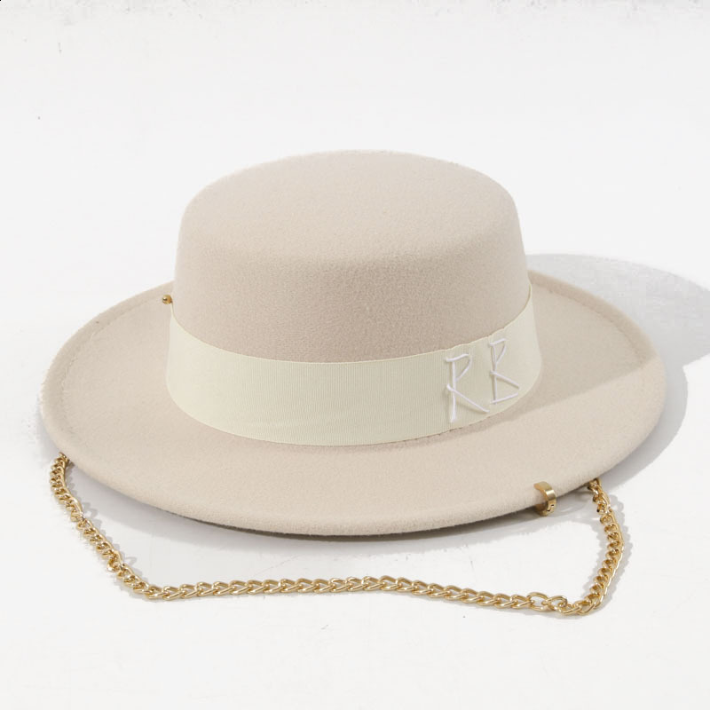 French Style Fedora Hat for Women 10CM Wide Brim Flat Top Felt Hat Fashion Metal Chain Derby Wedding Jazz Hats 250912