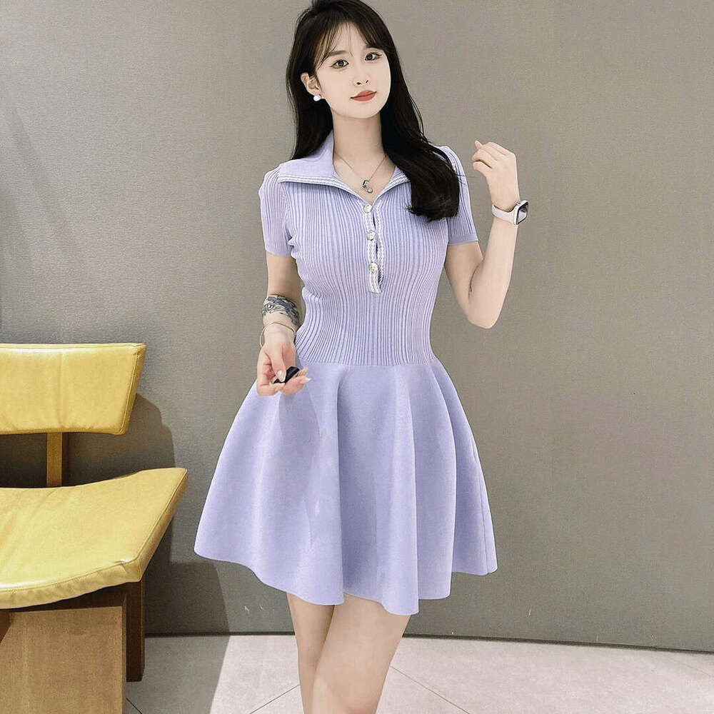 2026 Summer F21 Lavender Purple Small Fragrance Elegant Pure Waist Slim Knitted Dress for Women's Fashion