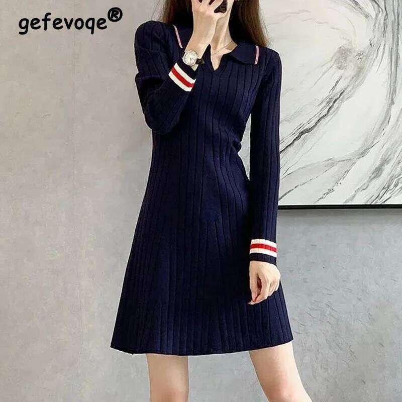 Korean Fashion Striped Patchwork Elegant Chic Knitted Dresses for Women Casual Polo Collar Long Sleeve Slim Mini Dress Vestidos XJ260225