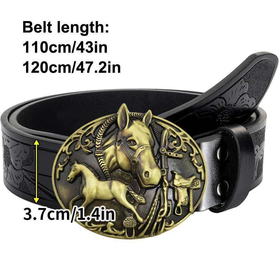 1pc men's western-style belt, paired two horses, patterned bottom cover with big cow head, carved floral patterns and long Y260225