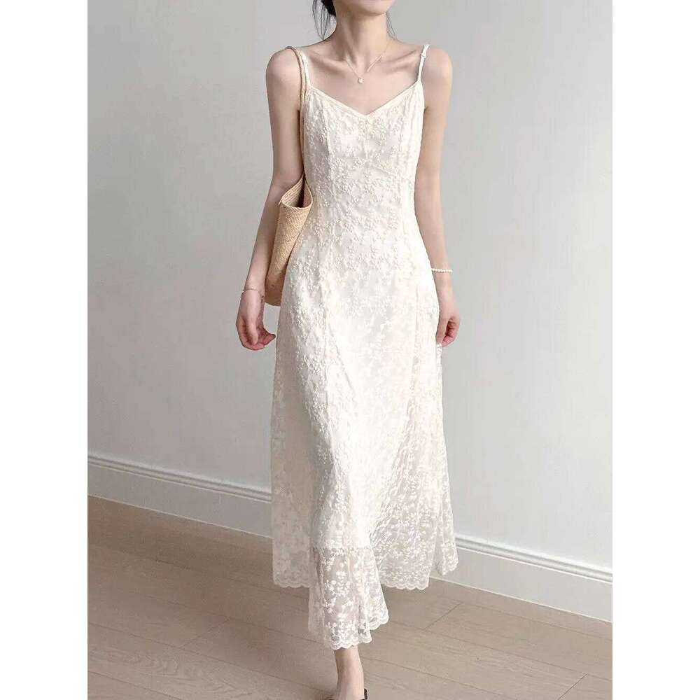 Lace Sling Women Summer New Embroidered Sweet Simple Basic Party Elegant Female Sleeveless Long Dress XJ260225