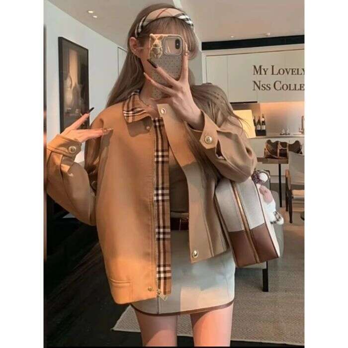 2026 New Autumn/Winter Korean Style Khaki Trench Plaid Turn-Down Collar Loose Short Jacket Coat Ins