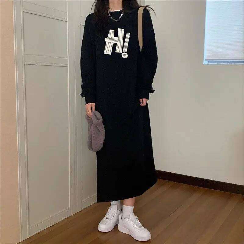 Korean Fashion Autumn Winter Long Knee Length Dress Women's Round Neck Printed Letters Patchwork Loose Fleece Thick Warm Dresses XJ260225