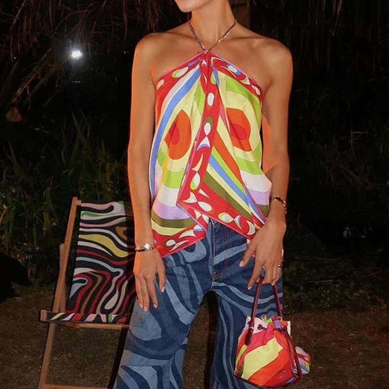 Women's Shirt 2026 Hollow Sleeveless Bohemian Shirt Chain Strap Folded T-shirt Satin Printed Slimming Top