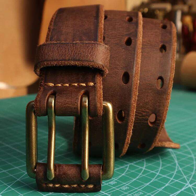 3.8cm New Style Pure Cowhide Men's Double Needle Italian Leather Belt Retro Design Hollow Handmade Stitch Versatile Pants Belts Y260225