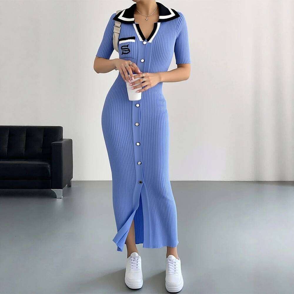 YuooMuoo Chic Sexy Wrap Hips Knitted Long 2026 New Brand Fashion Embroidery Single-breasted Shirt Dress Streetwear XJ260225