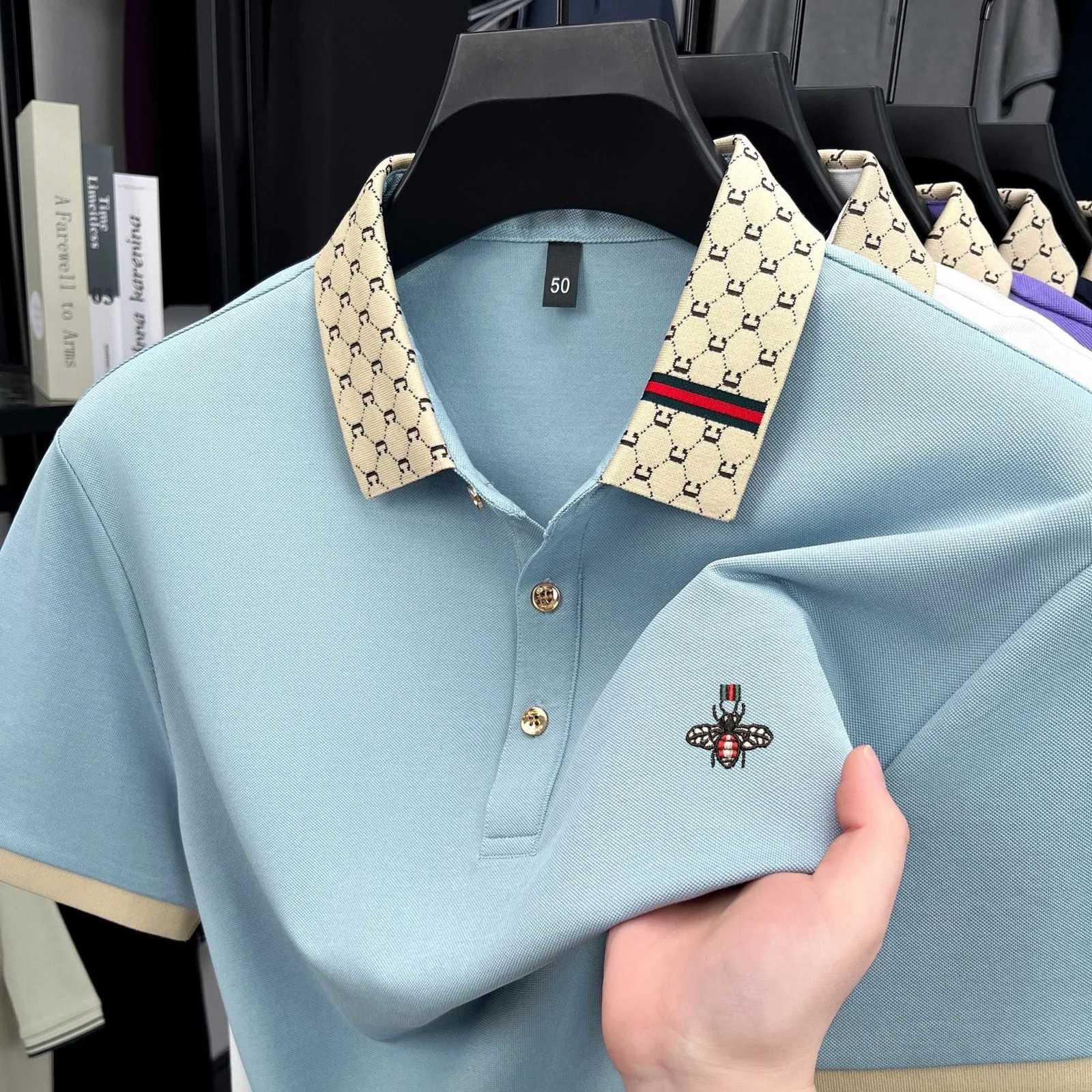 Bee Embroidered Polo Shirt with Contrast Collar and Breathable Pique Fabric for Casual Daily WearT260225