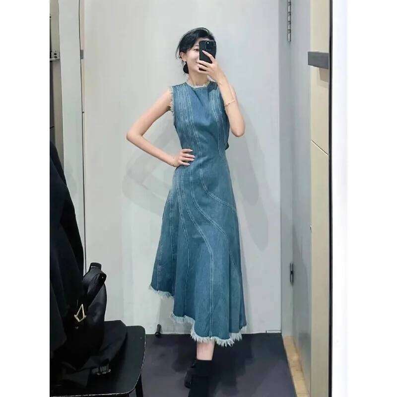 Spring and Summer Fashionable French Retro Denim Sleeveless Women's Loose Vest A-line Long Skirt Dress XJ260225