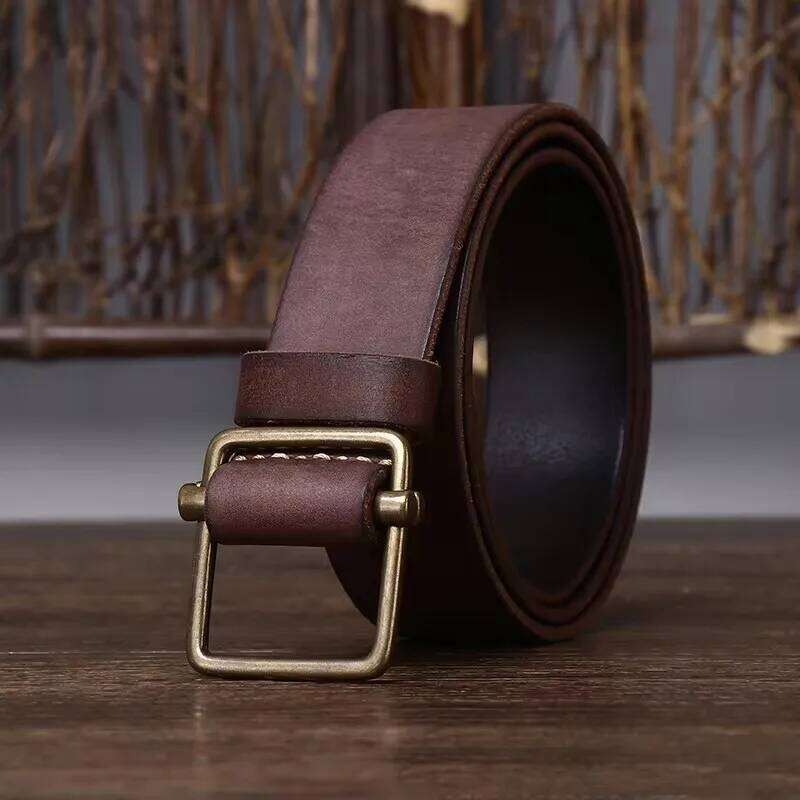 3.8CM No Hole Men's Thick Genuine Leather Strap Copper Buckle Cowhide Casual Jeans High Quality Retro Luxury Male Belt Y260225