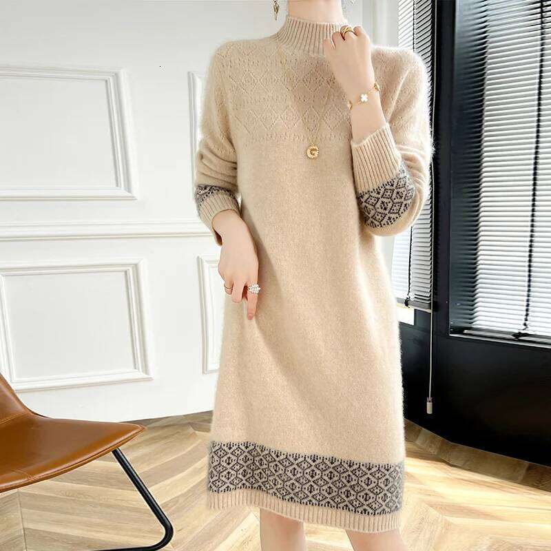 100% Merino Wool Fashion Color-Blocked Knit Half-Turtleneck Sweater Cashmere Long Sleeves Leisure Soft Warm Women's Clothing Top XJ260225