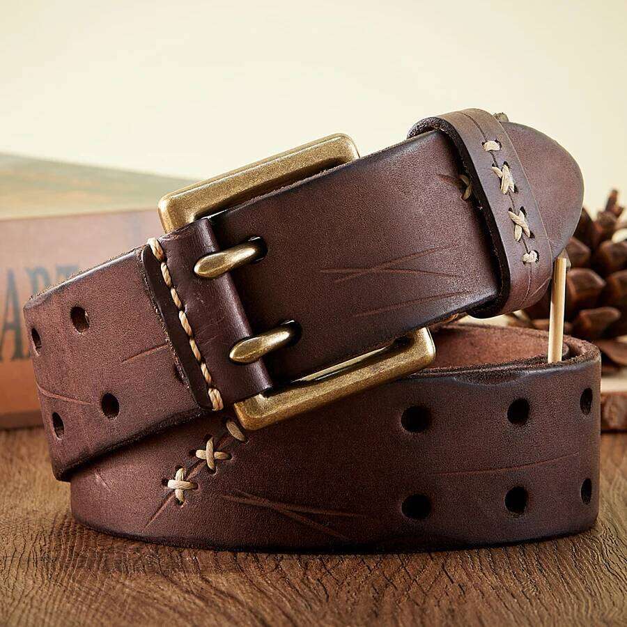 3.8CM Real Genuine Leather Luxury Designer Brass Double Pin Buckle Belts Pure Cowskin Vintage Strap Male Jeans Belt for Men Y260225