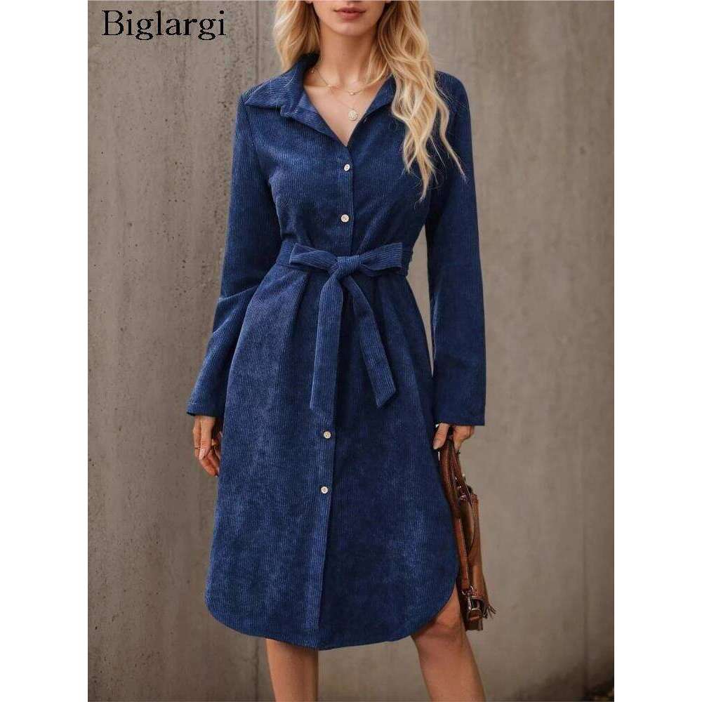 Autumn Winter Corduroy Shirts Women Casual Irregular Fashion Long Sleeve Ladies Dresses Korean Style Woman Midi Dress XJ260225